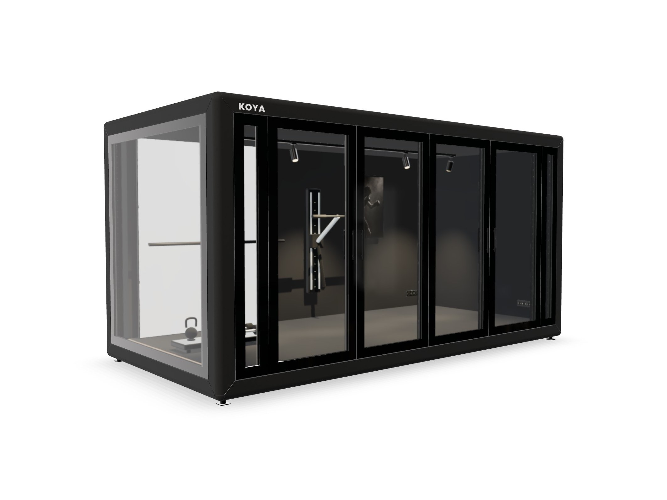 Visualisierung: KOYA Cube 5 × 2,5 m für Fitness, schwarz, vorn zwei verglaste Doppeltüren, an der Stirnseite Panoramaverglasung