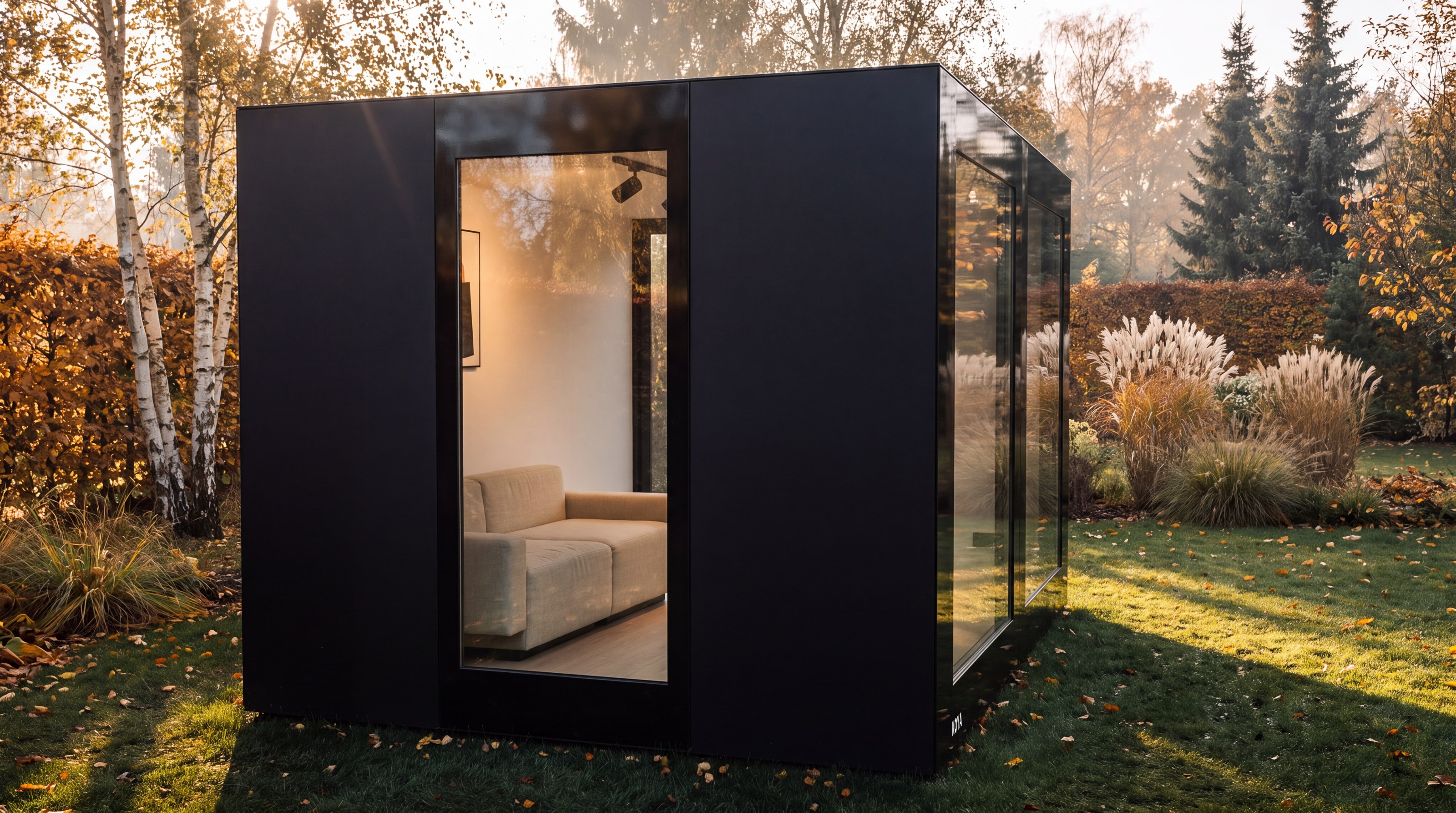 Visualisierung: Seitenwand eines KOYA Gartenhauses Studio Ganzglas mit hohem Fenster, rechts die Glasfront, im herbstlichen Garten