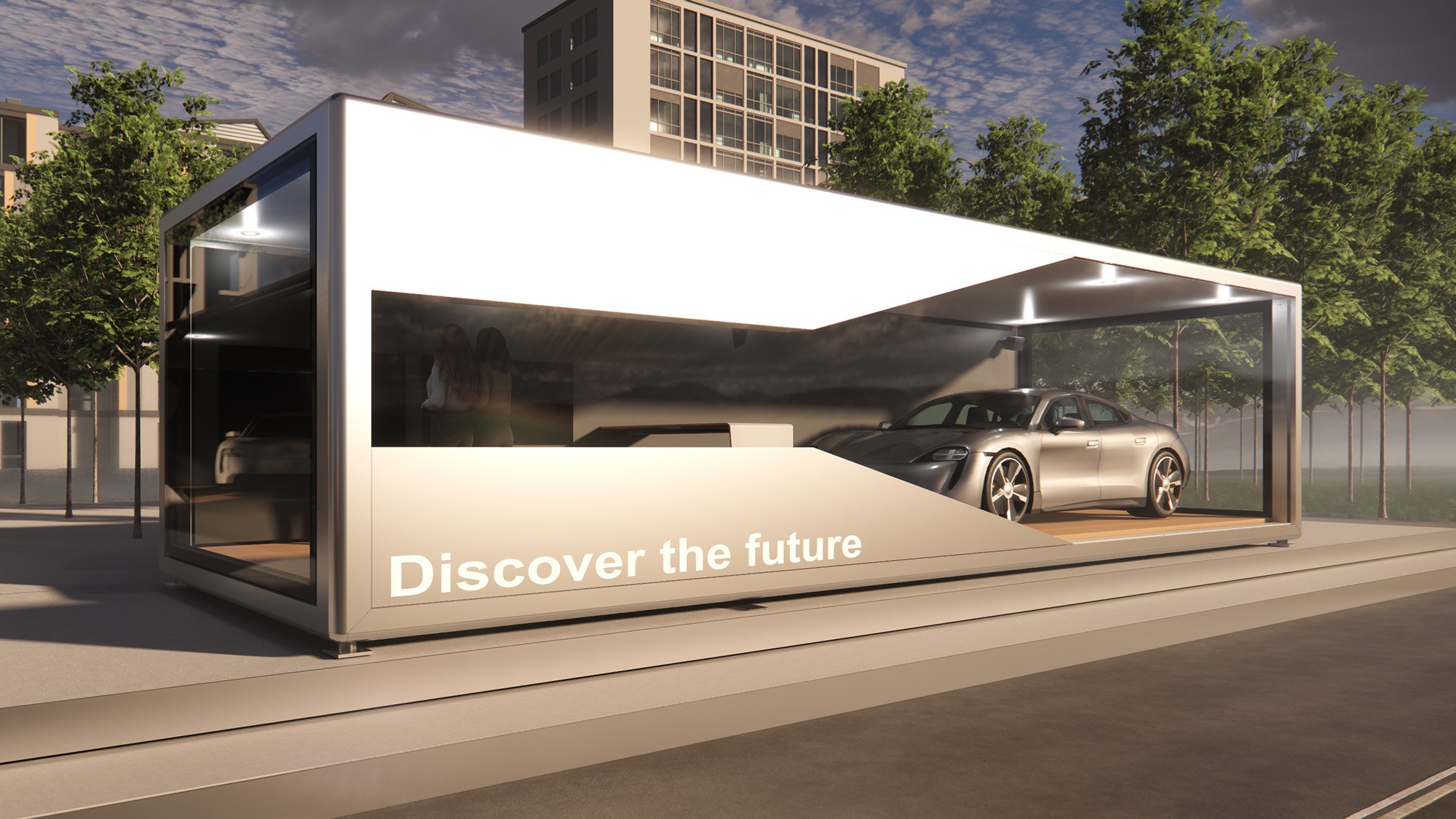 Visualisierung: langes KOYA Modul mit Glasfront und hell leuchtender Innenwand als Showroom für ein Fahrzeug