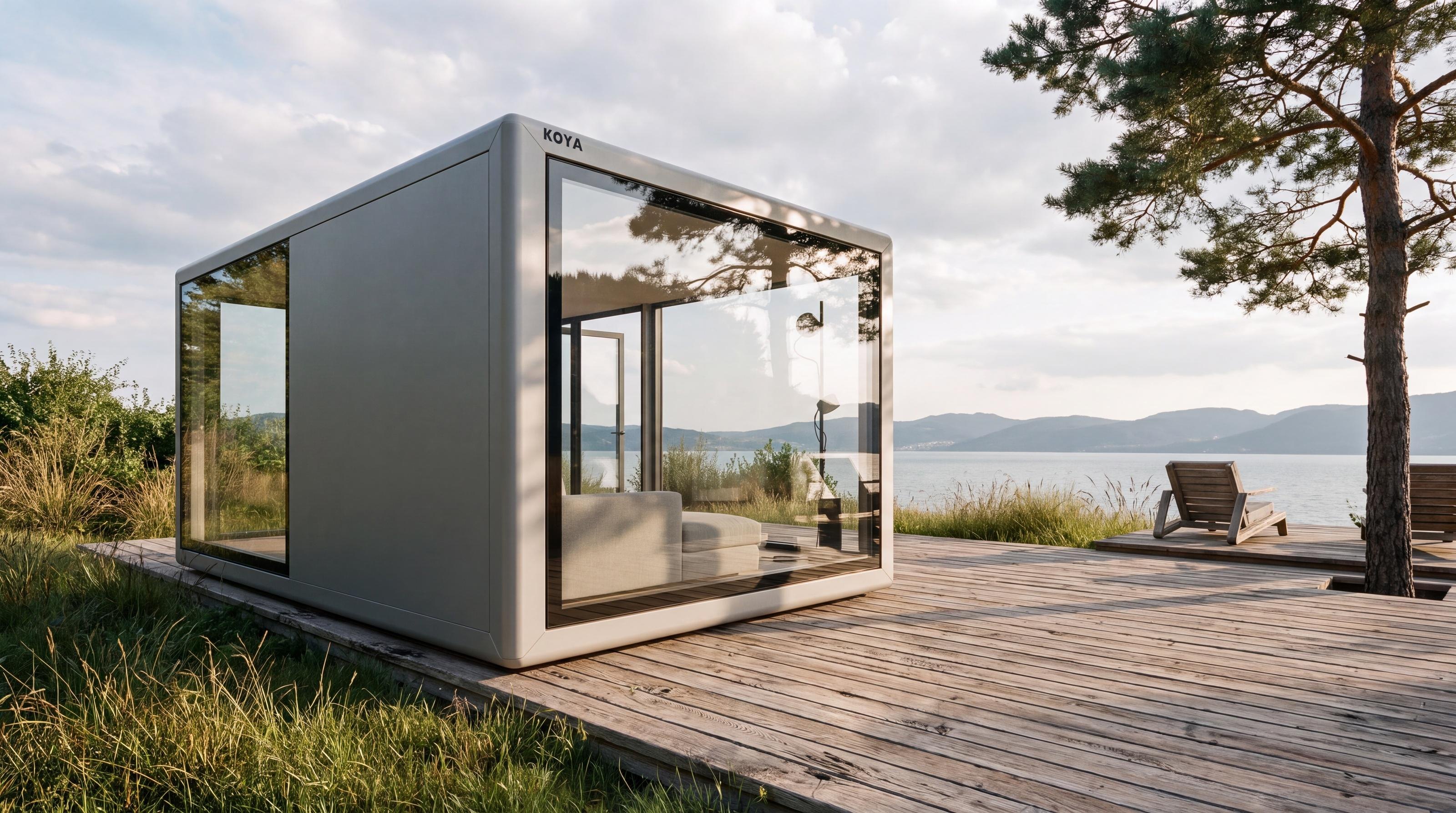 Visualisierung: Gartenhaus mit Flachdach: Heller KOYA Cube auf einer Holzterrasse am Wasser