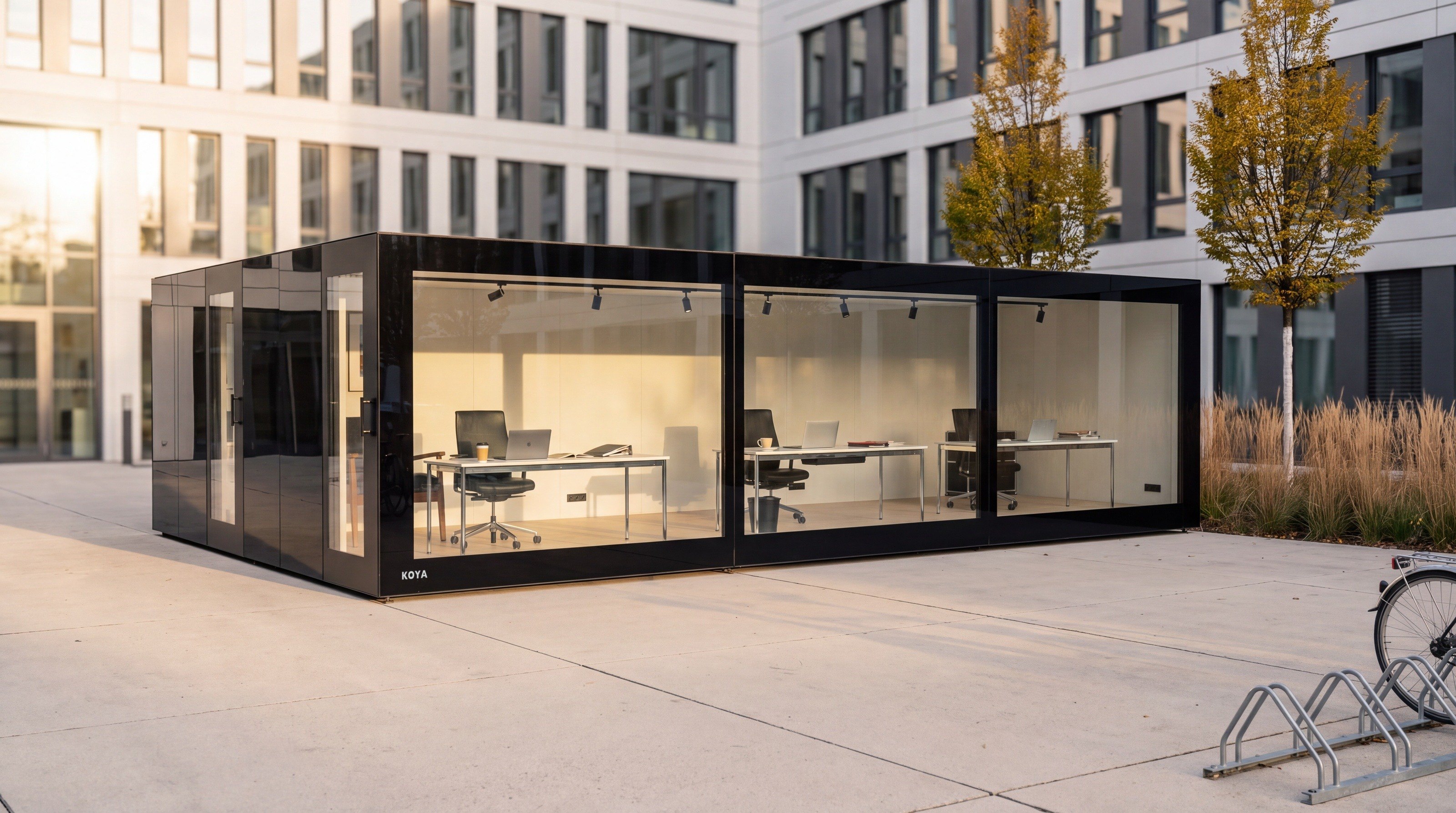 Visualisierung: Designmodul statt Container: Langes KOYA Gewerbemodul mit Ganzglas vor Bürogebäuden