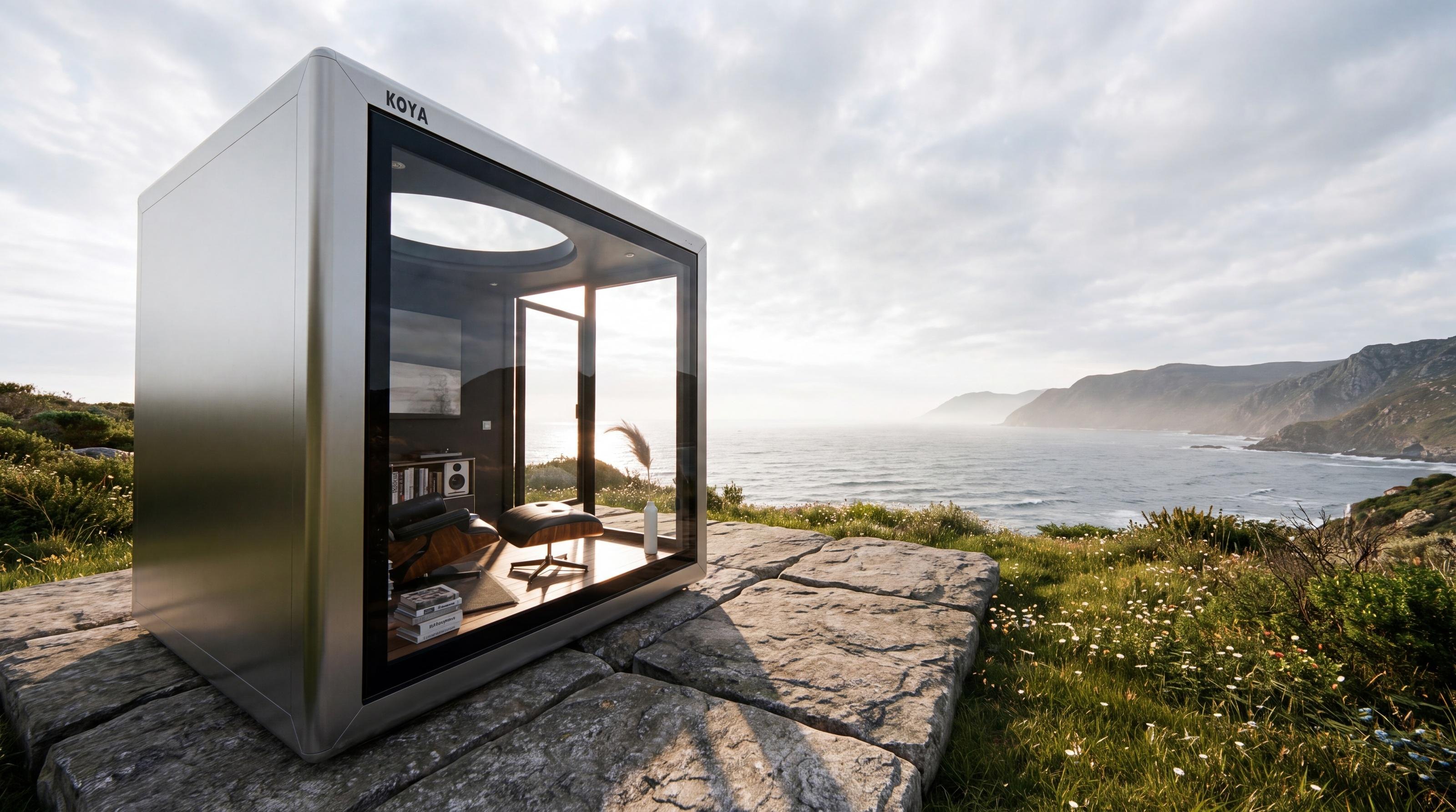 Visualisierung: Tiny House im Garten und in der Landschaft: Heller KOYA Living-Cube mit rundem Dachfenster