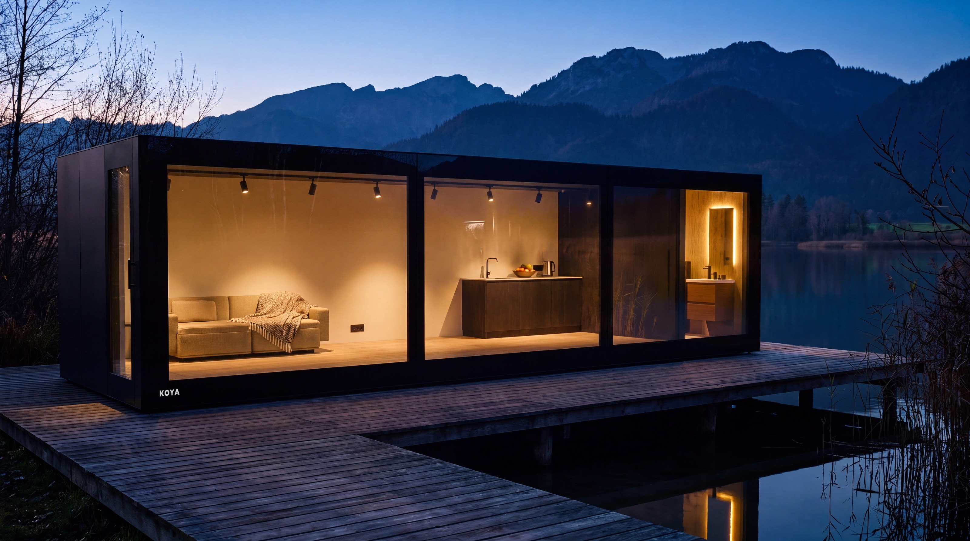 Visualisierung: Luxus Tiny House innen: KOYA Living mit Ganzglas am Abend, innen warm beleuchtet mit Bett und Bad