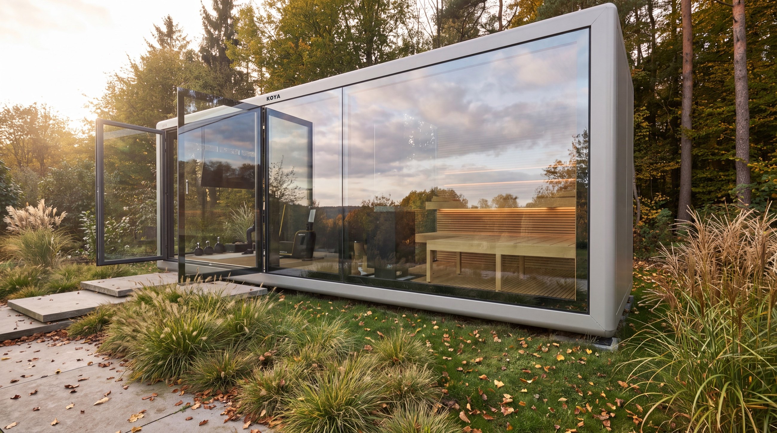 Visualisierung: KOYA Cube 7,0 × 2,5 m als Gartensauna mit Vorraum und großer Glasfront am Waldrand im Herbst