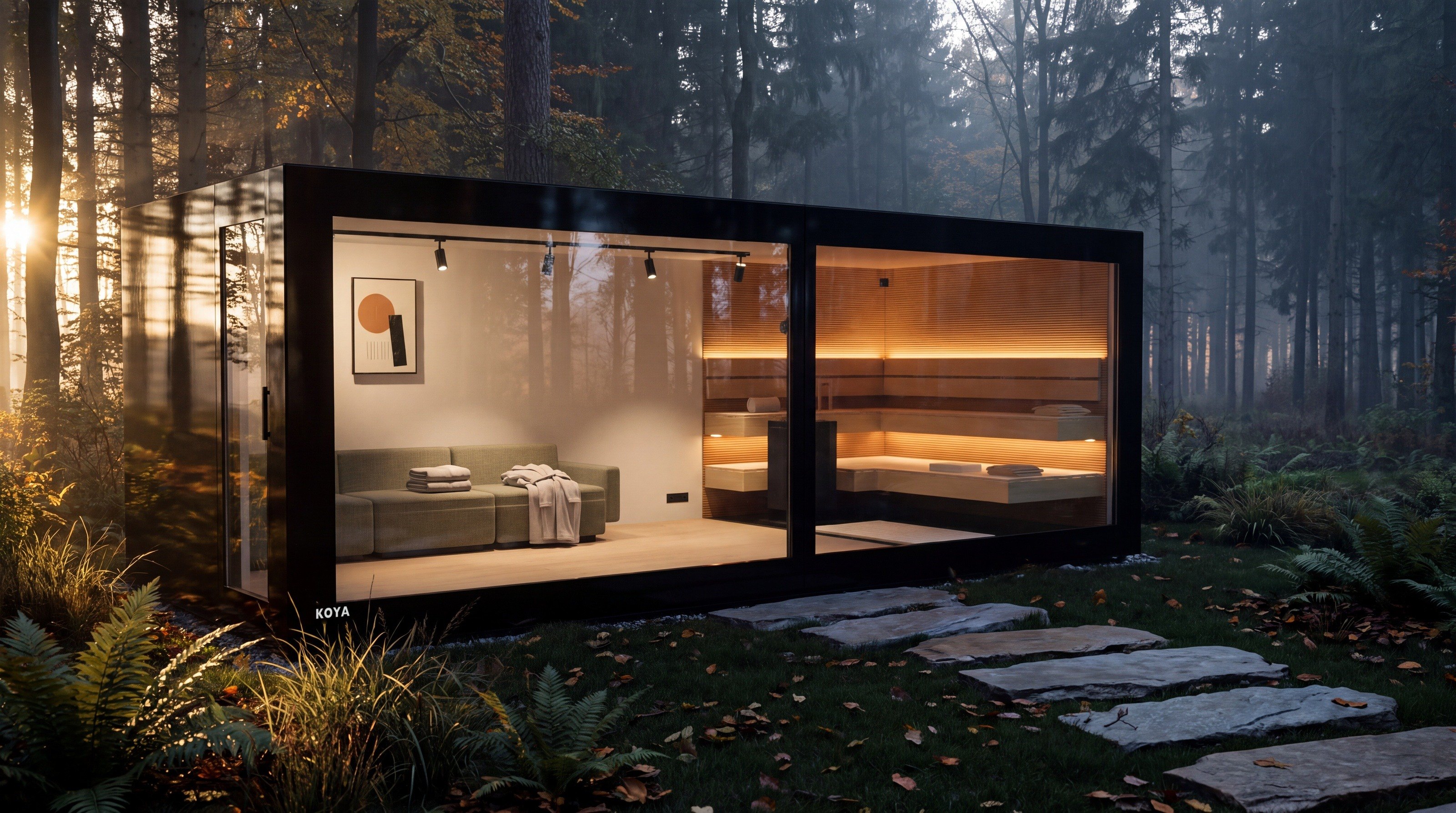 Visualisierung: KOYA Studio Ganzglas 7,0 × 3,0 m als Gartensauna mit Vorraum am Waldrand in der Dämmerung, links Lounge mit Sofa und Bademantel, rechts die beleuchtete Saunakabine