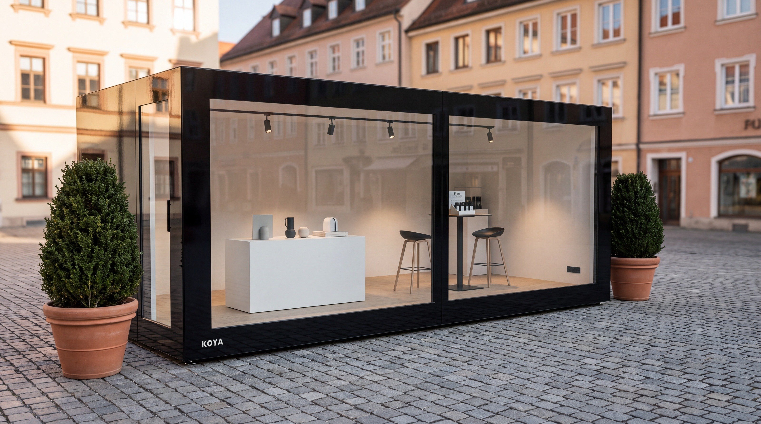 Visualisierung: Verkaufspavillon KOYA Studio Ganzglas 6,0 × 3,0 m auf einem Altstadtplatz mit Granitpflaster, innen Ausstellungsfläche, Hochtisch und Hocker