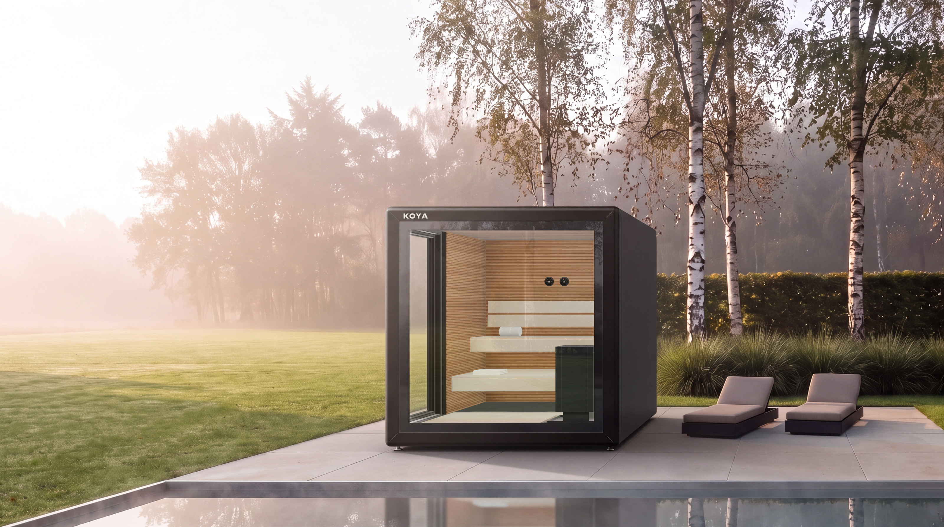 Visualisierung: Gartensauna KOYA Sauna Cube auf einer Terrasse am Pool, daneben zwei Liegen, dahinter Birken im Morgennebel