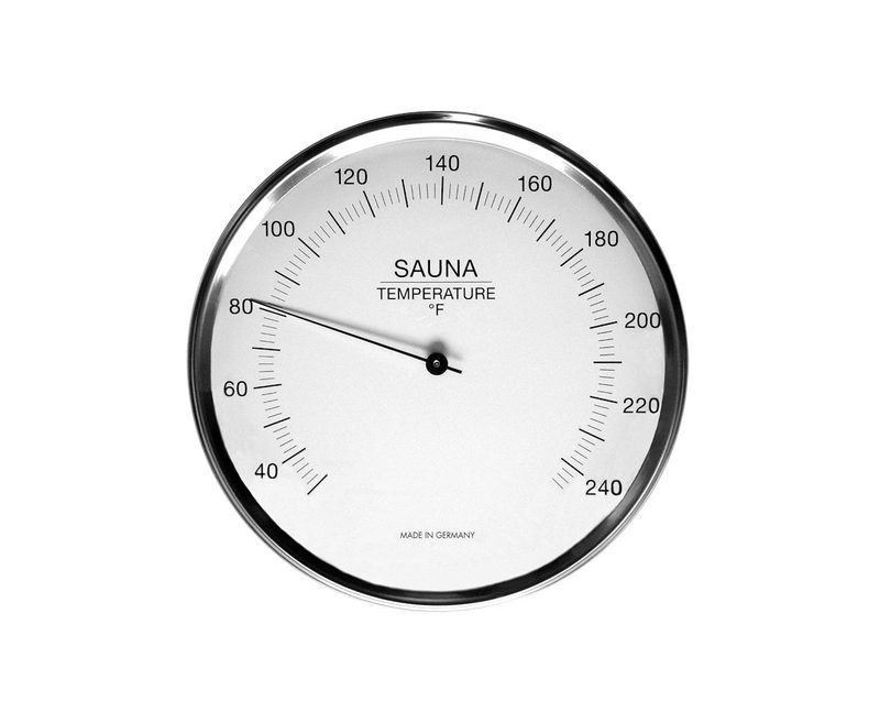 Rundes Saunathermometer mit weißem Zifferblatt, Chromring und Skala in Grad Fahrenheit