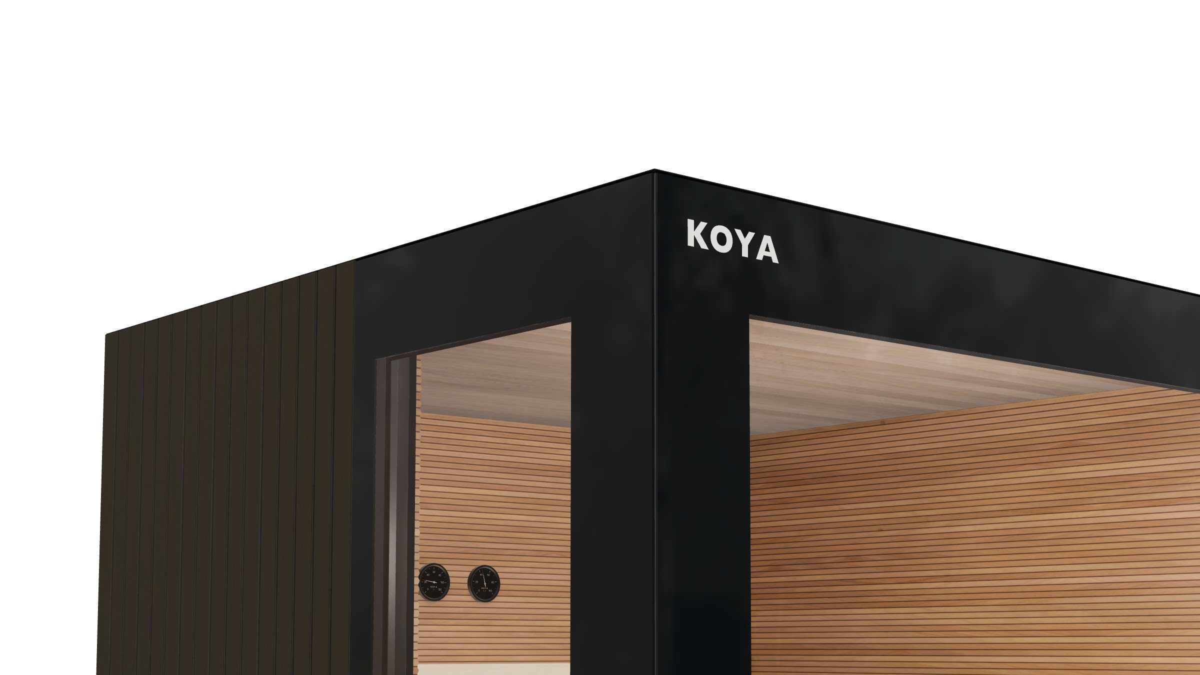 Visualisierung: obere Ecke des Sauna Studio mit schwarzem Glasrand, KOYA-Schriftzug und Fassade aus senkrechten Holzlatten