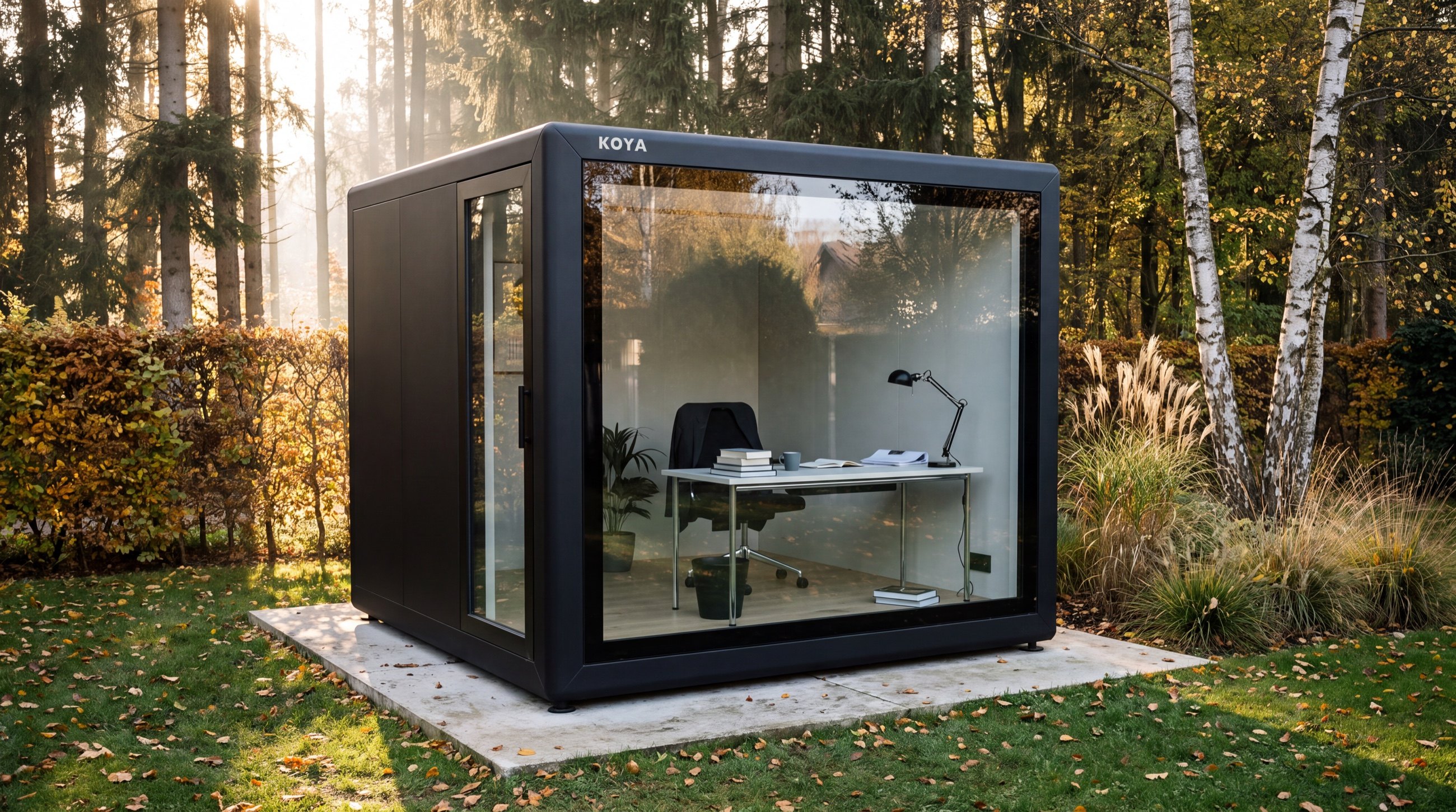 Visualisierung: schwarzer KOYA Cube 3,0 × 3,0 m als Gartenbüro im herbstlichen Garten am Waldrand, hinter der Glasfront ein Schreibtisch mit Bildschirm, Büchern und Lampe