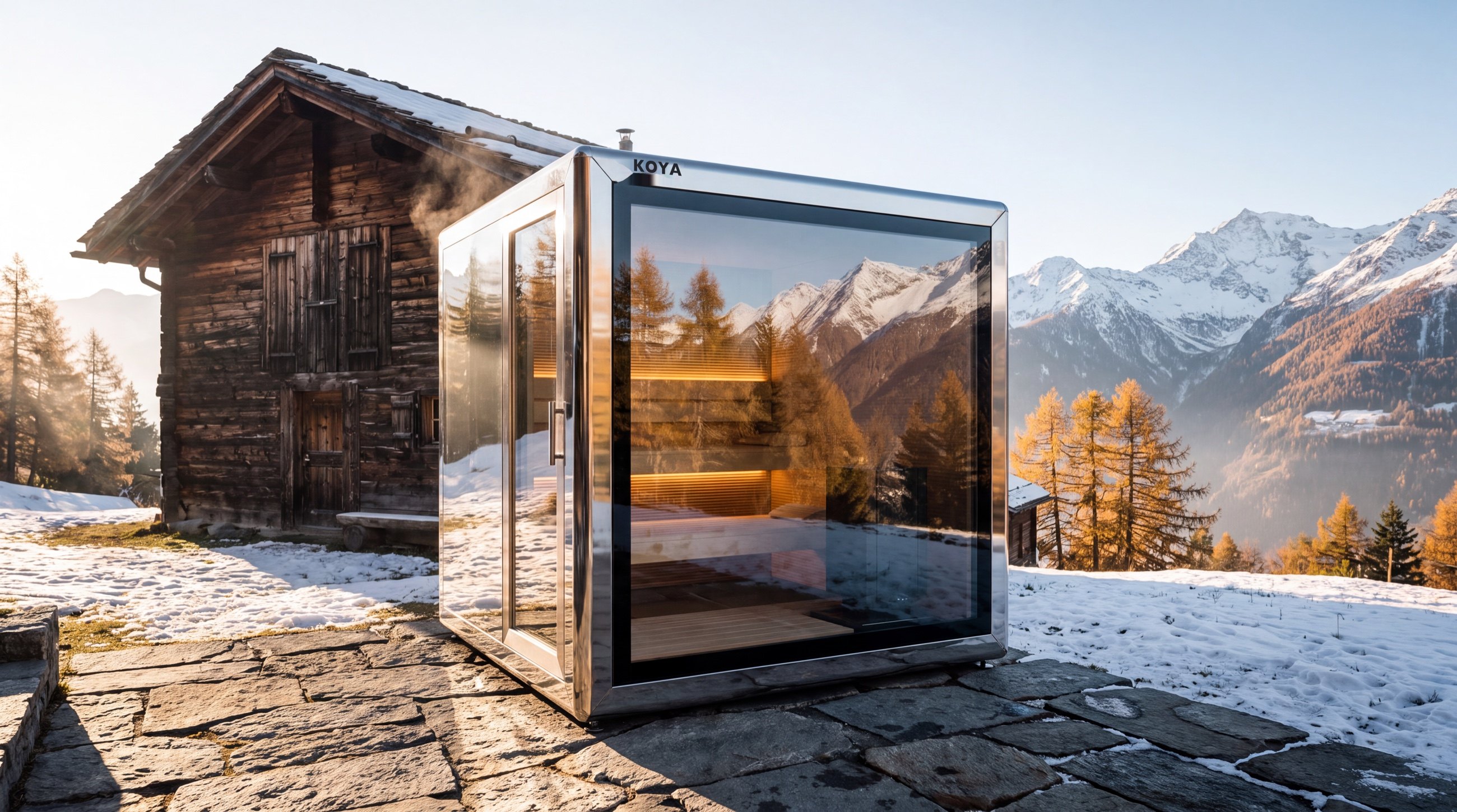 Visualisierung: KOYA Sauna Cube mit Spiegelfassade vor einer Holzhütte in den Alpen, die Landschaft spiegelt sich im Glas