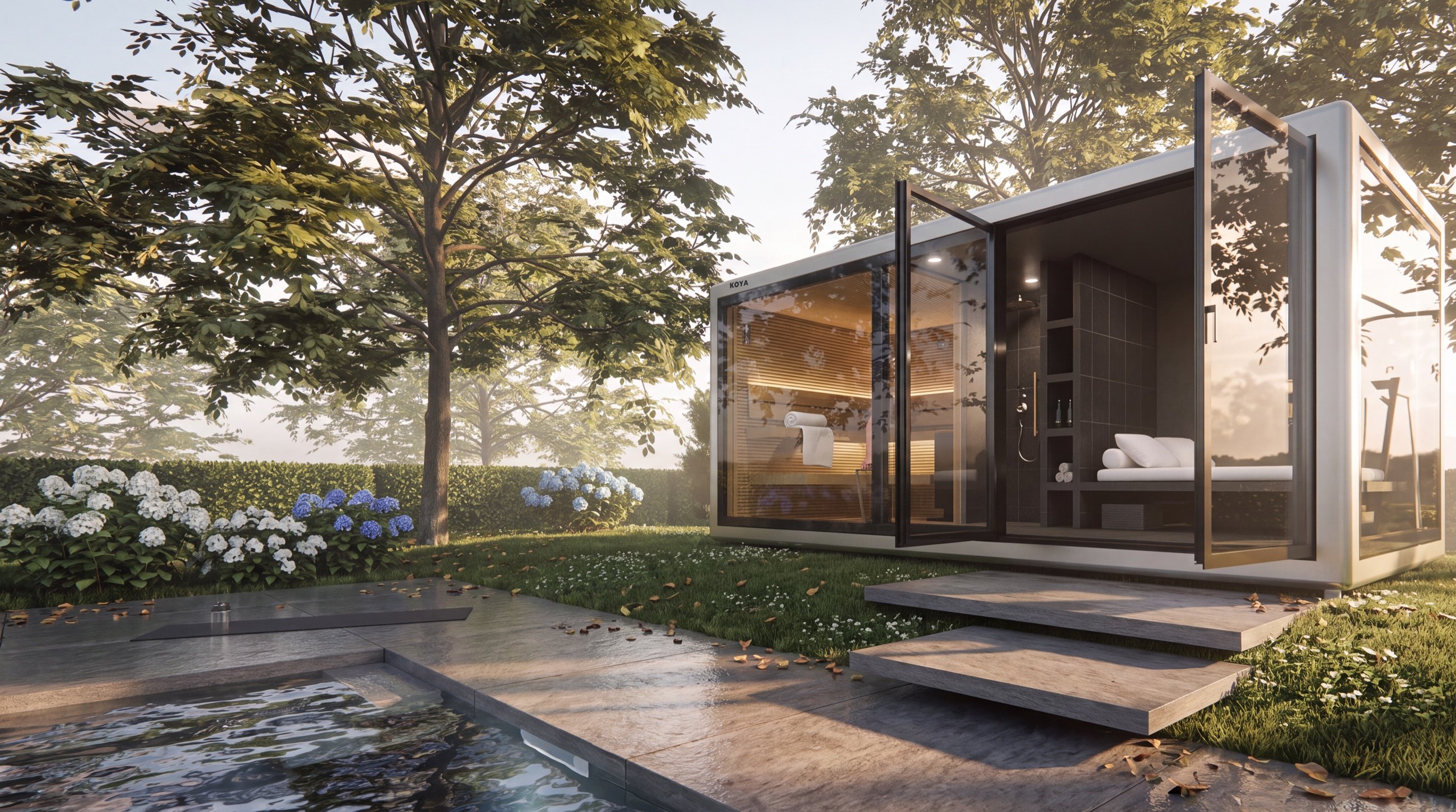 Gartenhaus einrichten: Visualisierung: KOYA Cube mit Ruheraum am Pool, beide Glastüren offen