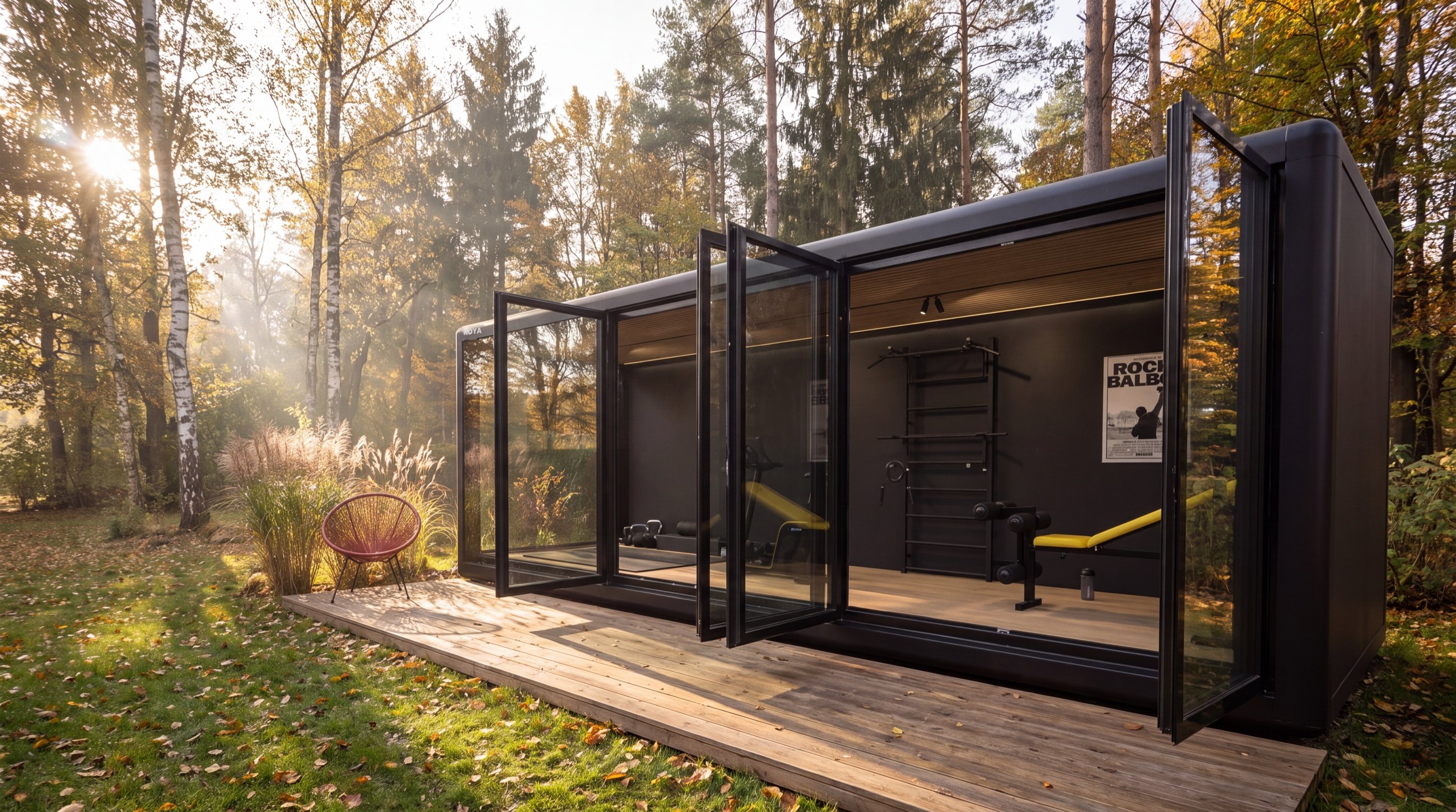 Visualisierung: KOYA Cube 7,0 × 2,5 m als Fitnessraum mit offenen Glastüren im herbstlichen Garten, innen Sprossenwand und Trainingsbank