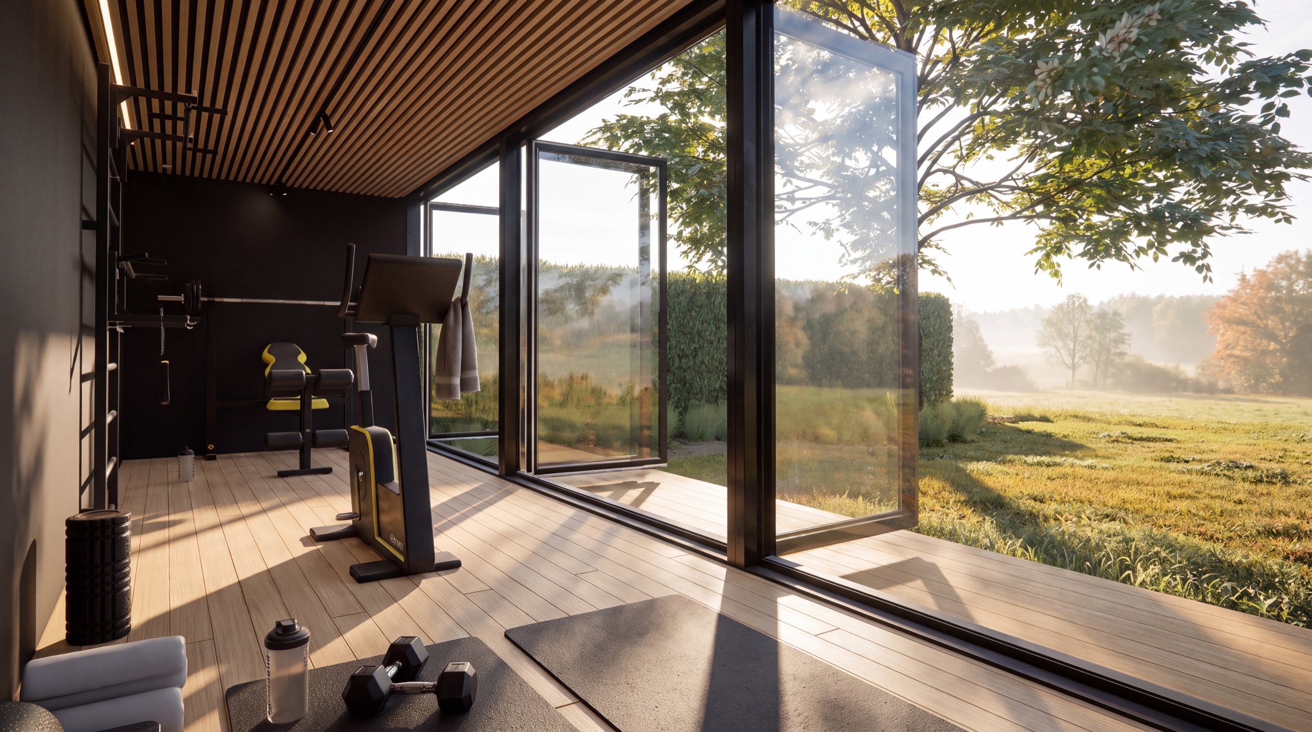 Visualisierung: Blick aus dem KOYA Cube Fitnessraum durch die offene Glasfront auf eine Wiese, innen Laufband und Trainingsgeräte