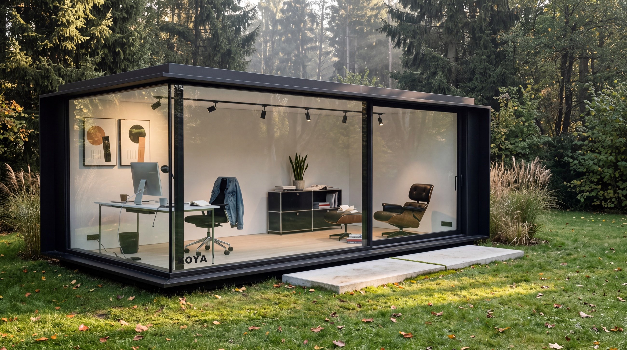 Visualisierung: KOYA Studio als Gartenhaus-Büro mit Glasfront, Schreibtisch und Sitzecke im Garten