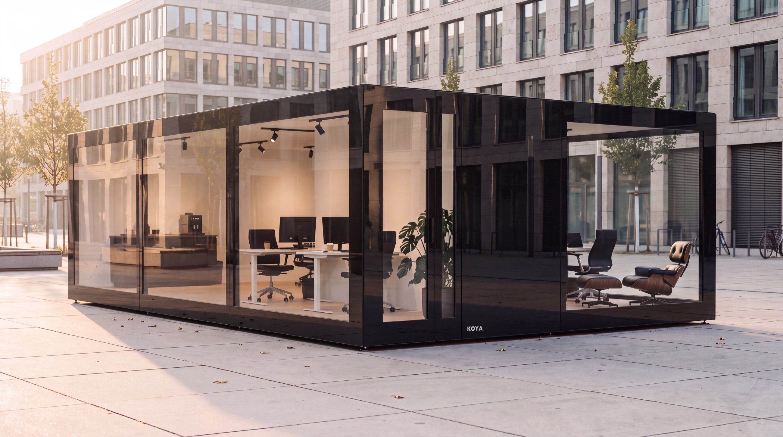 Visualisierung aus dem Bürocontainer Konfigurator für Unternehmen: KOYA Büromodul 6 × 9 m mit spiegelnden schwarzen Glasrändern auf einem städtischen Platz, innen Arbeitsplätze und Teeküche