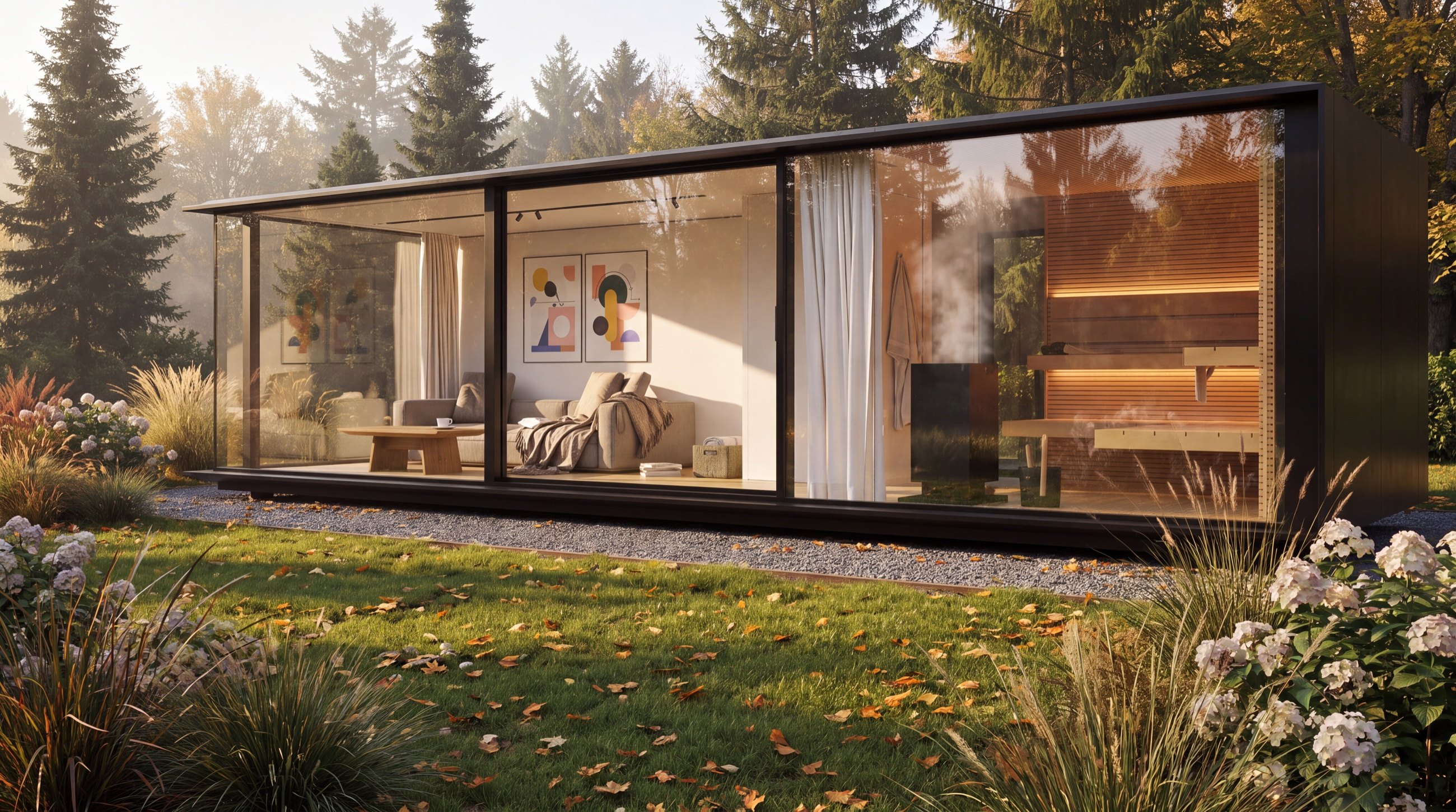 Visualisierung: Luxus Tiny House KOYA Studio 9,0 × 3,0 m im Garten mit Wohnbereich und Sauna