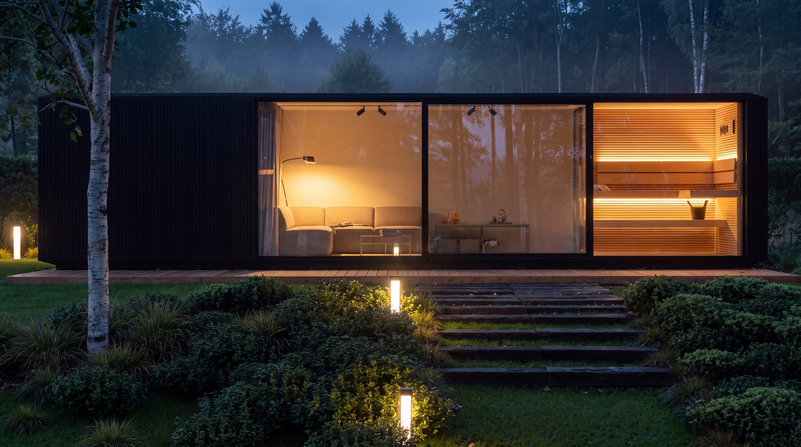 Visualisierung: KOYA Studio 10,0 × 3,0 m mit Ruheraum und Sauna am Abend, beleuchtete Stufen im Garten