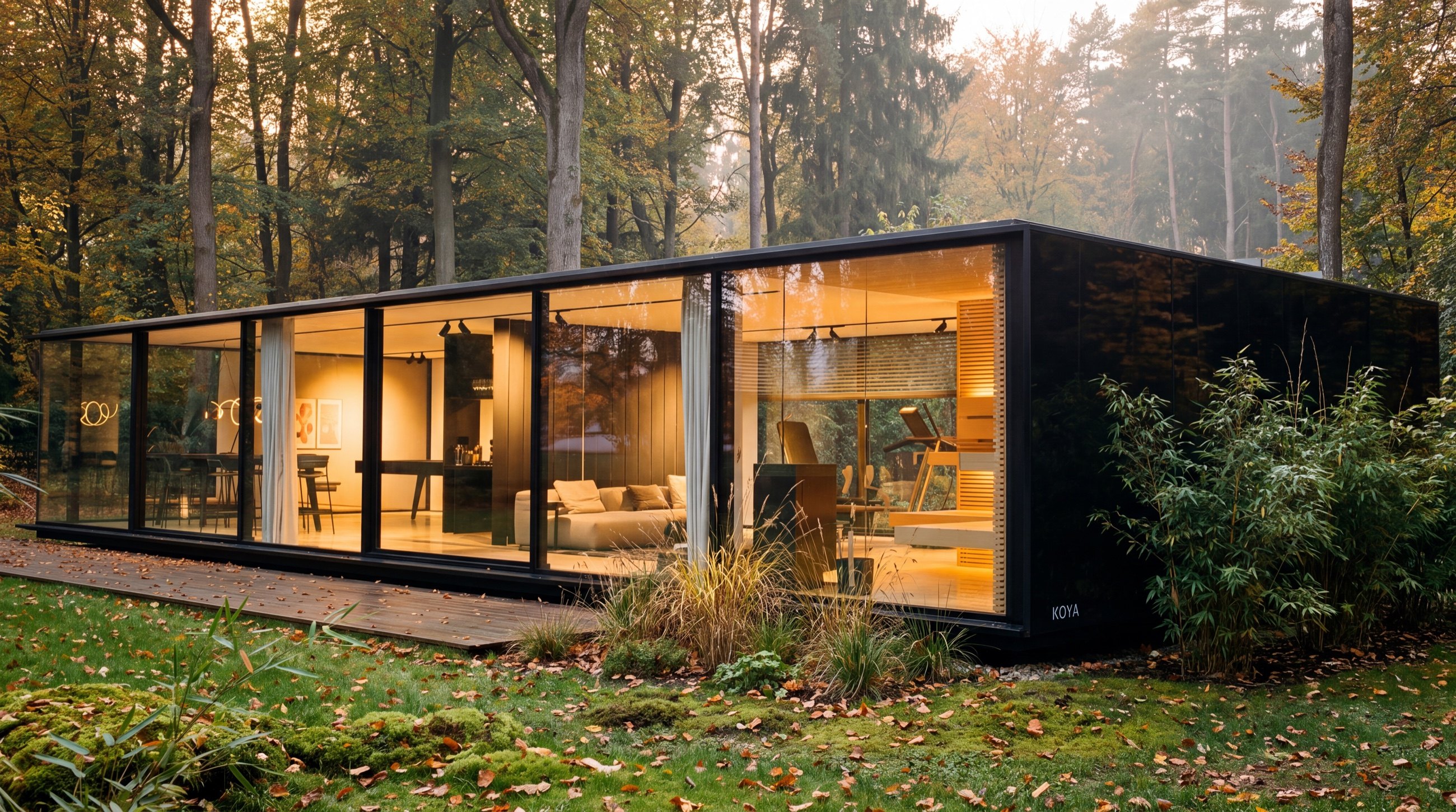 Visualisierung: KOYA Studio 14,0 × 6,0 m mit Fitnessbereich, Lounge und Sauna am Waldrand