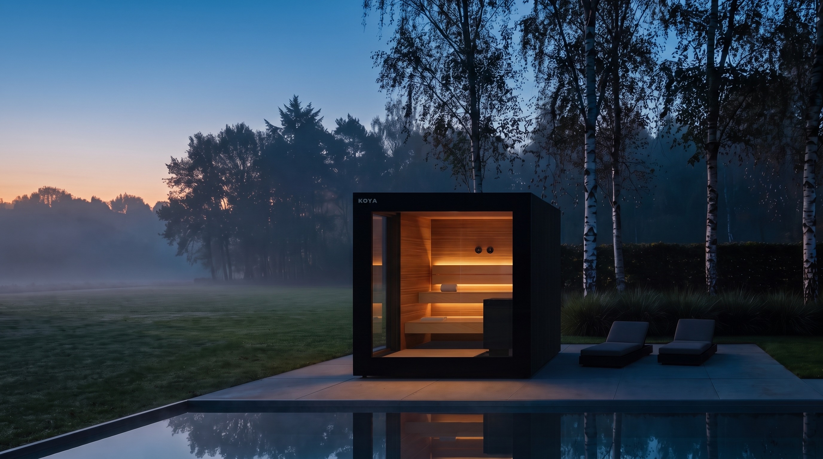 Visualisierung: KOYA Sauna Studio in der Dämmerung, innen warm beleuchtet, auf einer Terrasse am Pool