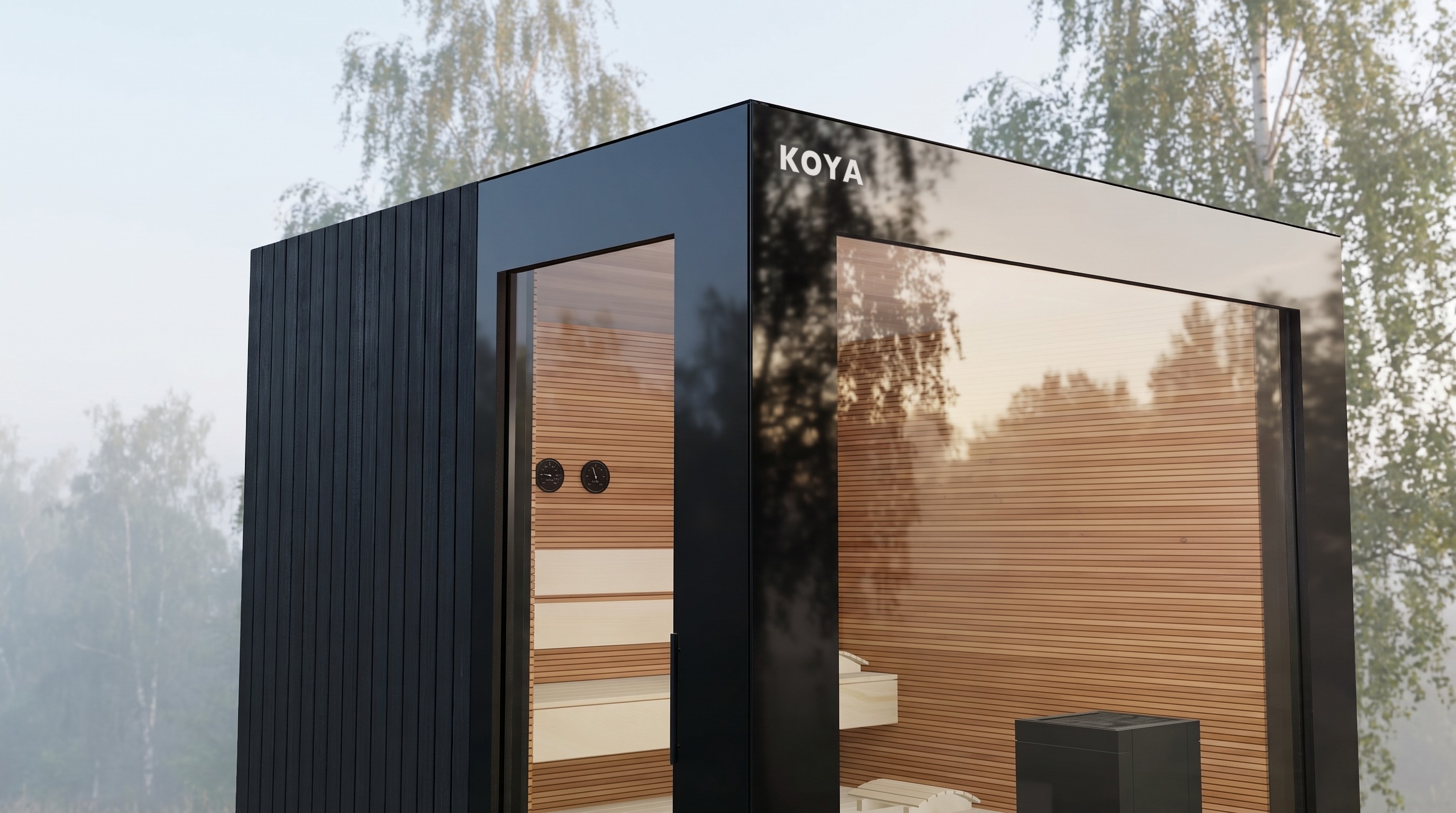 Visualisierung: Gebäudeecke des KOYA Sauna Studio, Glastür und Glasfront mit schwarzem Rand treffen sich an der Kante, daneben die Holzfassade