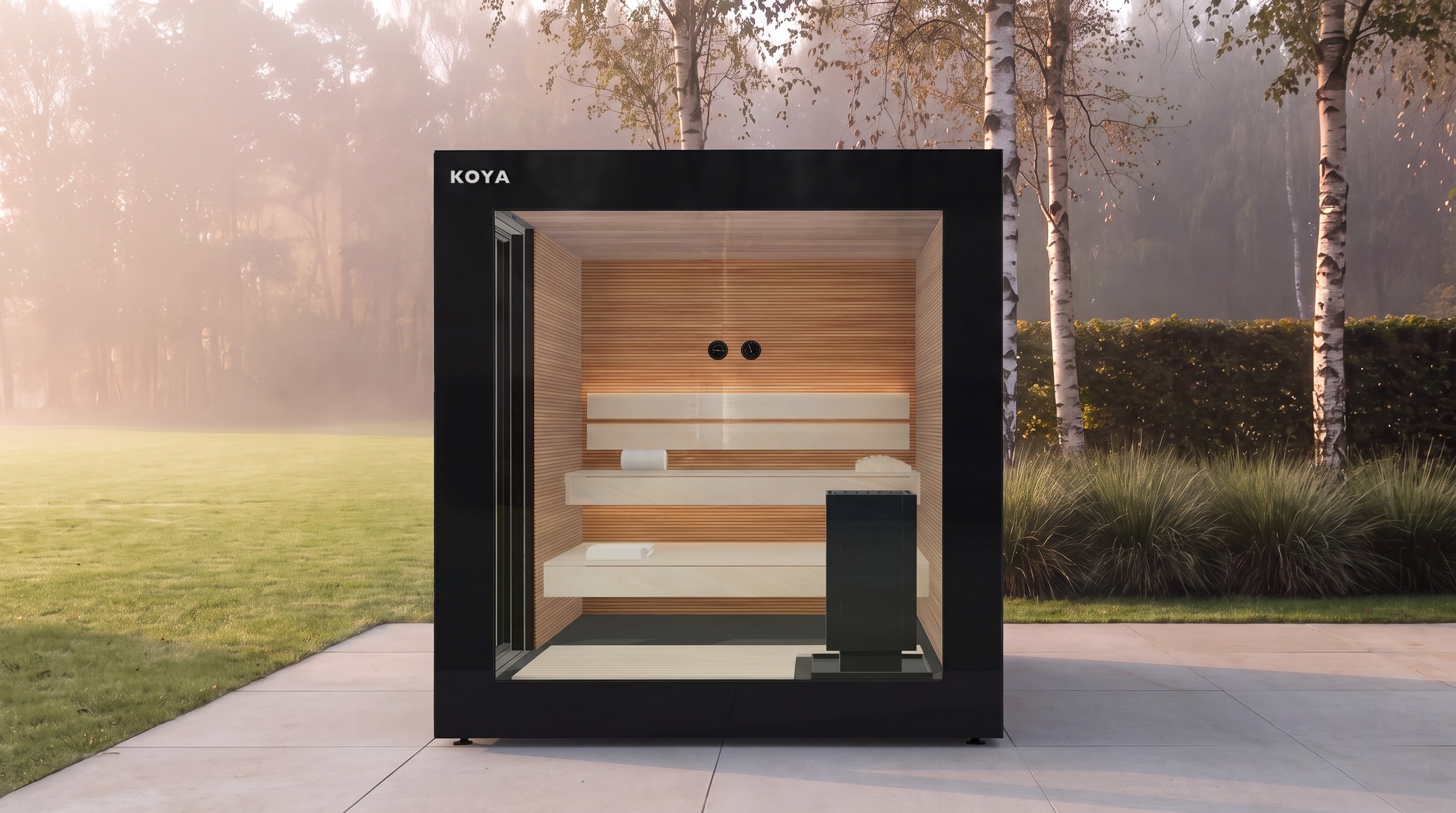 Visualisierung: KOYA Sauna Studio bei Tag von vorn, durch die Glasfront sind Bänke, Ofen und Wandholz zu sehen