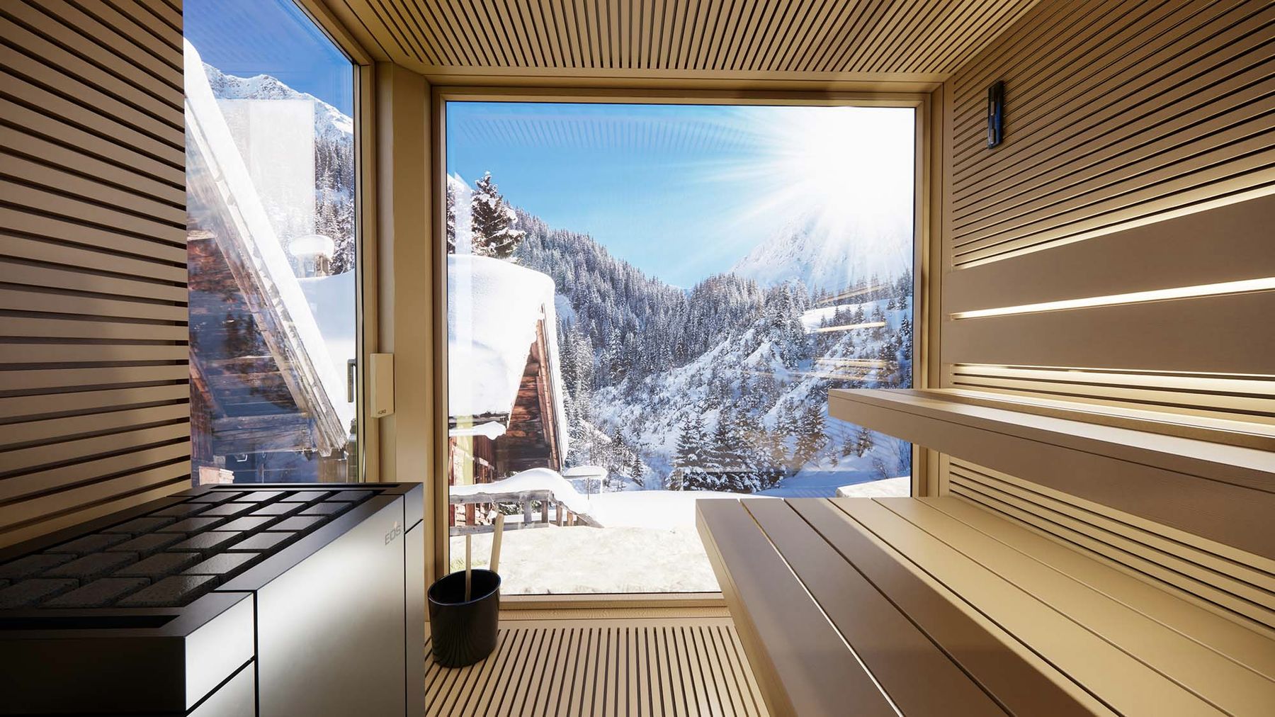 Aufnahme: Saunakabine mit Holzbank und großem Fenster mit Blick in die Winterlandschaft