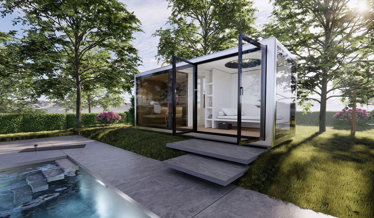 Visualisierung: KOYA Gartensauna mit Vorraum im Garten, links die Saunakabine, rechts hinter offenen Glastüren ein heller Vorraum mit Liege, vorn ein Pool