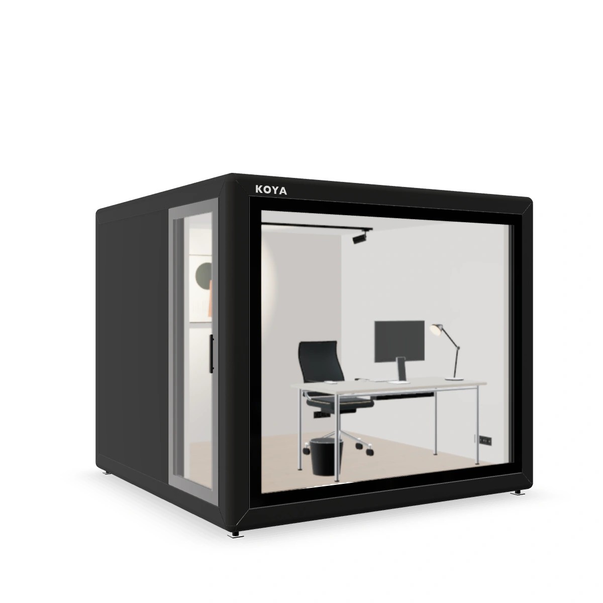 Visualisierung: KOYA Cube mit gerundeten Kanten, Aluminiumrahmen und großer Glasfront, freigestellt
