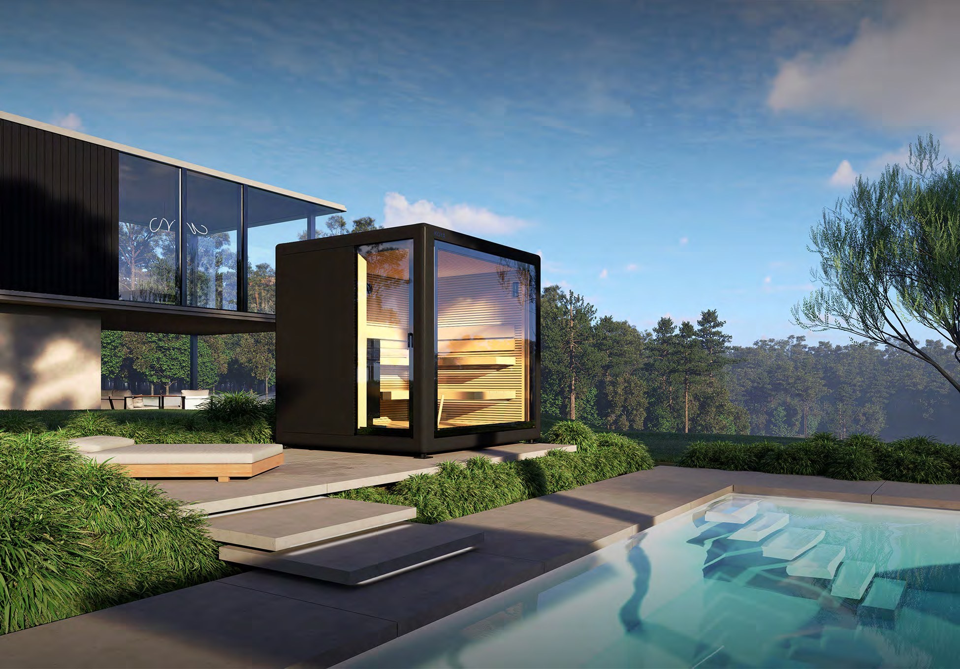 Visualisierung: Sauna Cube von KOYA Modulbau auf einer Terrasse zwischen moderner Villa und Pool, im warmen Licht