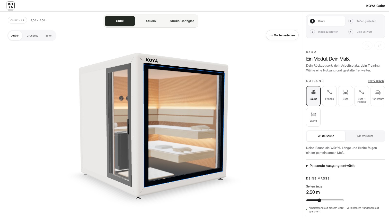 Bildschirmfoto: KOYA Konfigurator mit einem Sauna Cube in 3D