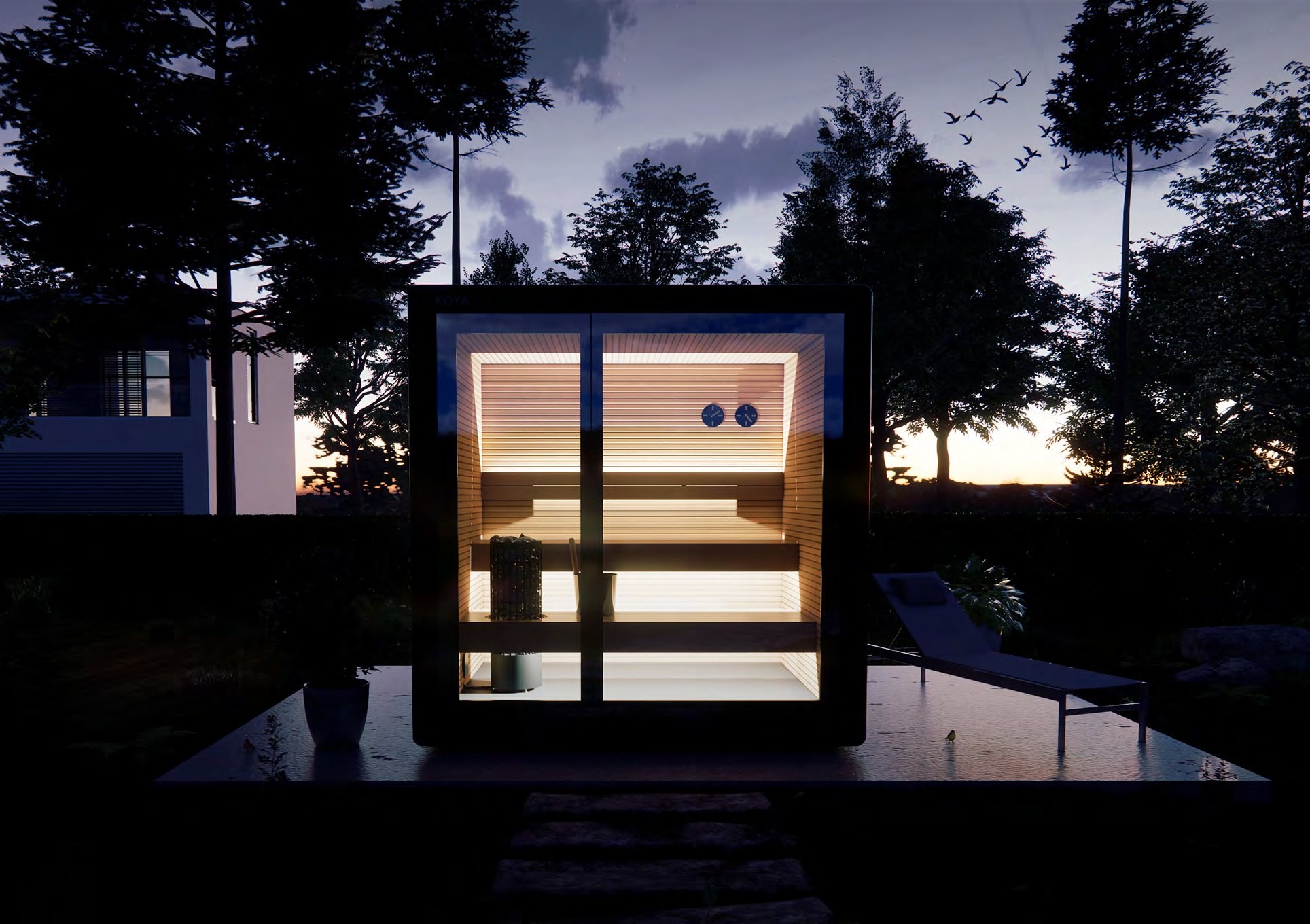 Visualisierung: KOYA Sauna Cube in der Abenddämmerung, hinter der Glasfront warm beleuchtete Holzbänke