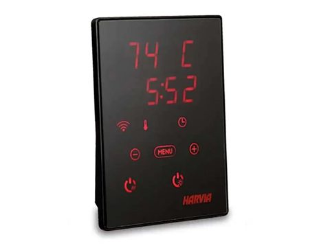Schwarzes Touch-Bedienfeld von Harvia mit roter Anzeige für Temperatur und Zeit sowie WLAN-Symbol