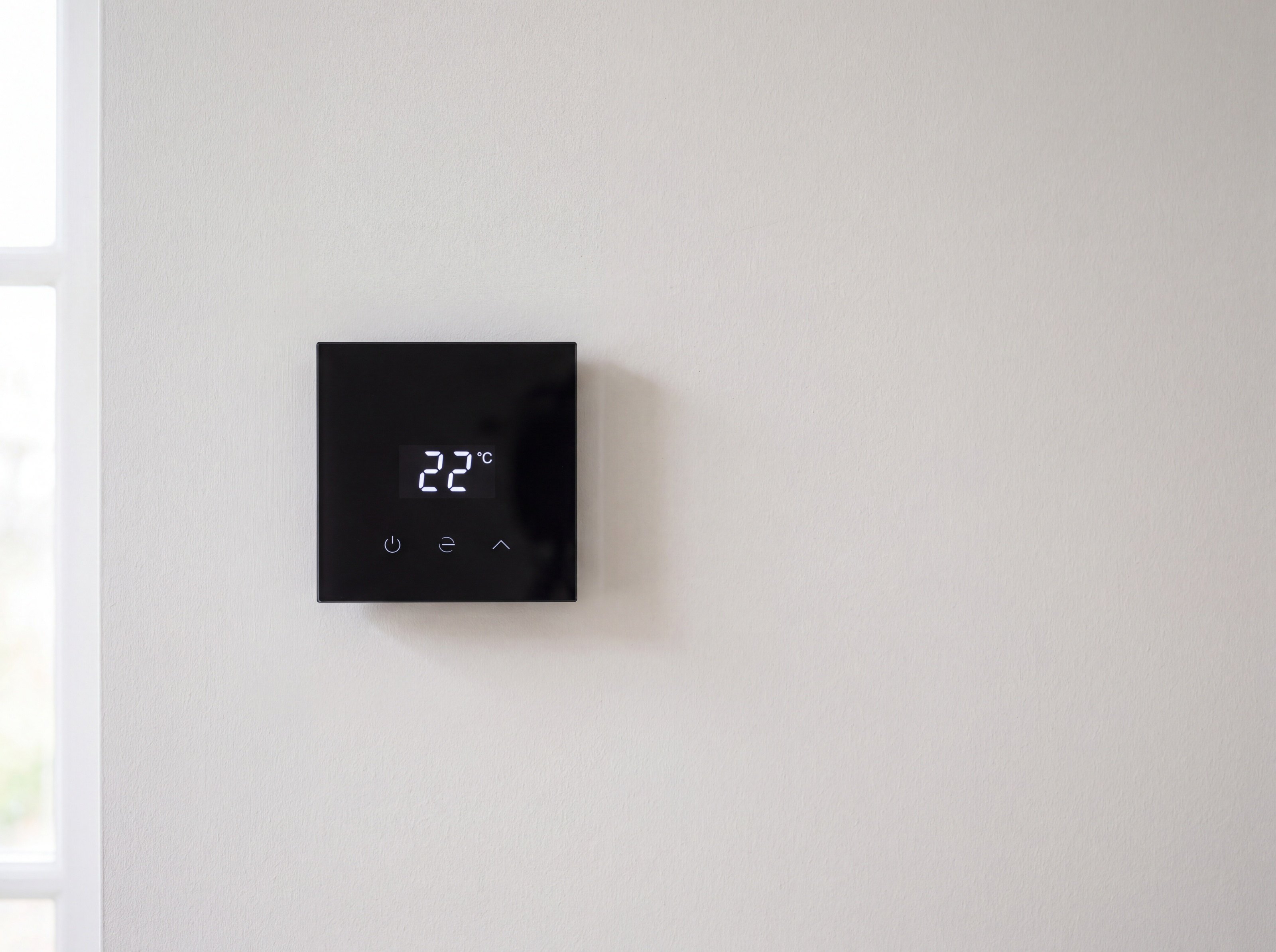 Visualisierung: schwarzes Glas-Thermostat der elektrischen Fußbodenheizung an einer hellen Wand, Anzeige 22 °C