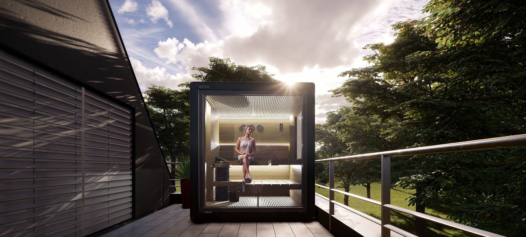 KOYA Sauna Cube im Gegenlicht auf einer Dachterrasse